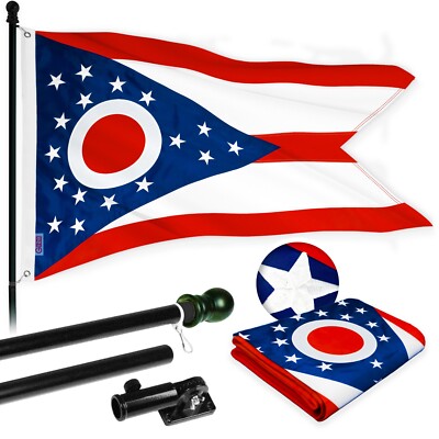NEW G128 Ohio Flag & Flagpole Set, 6FT Black Pole and 3x5FT Emb Flag