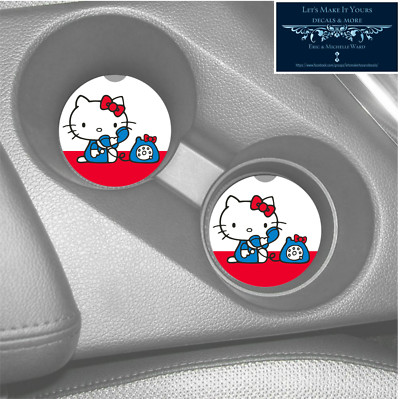 HELLO KITTY TALKING ON THE PHONE PATTERN SANDSTONE CAR COASTERS ABSORBS SET (2) 