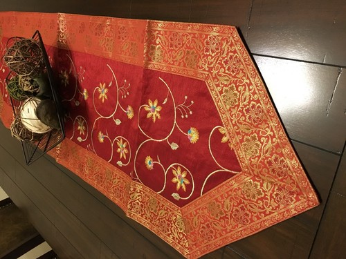 Table Runner Silk Brocade 60 Inch Runner Embroidery Runner Floral Boho Black Red - Picture 3 of 15