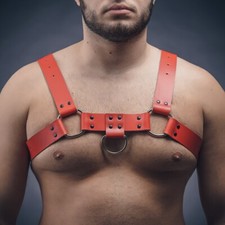 RED Genuine Leather bulldog harness, MEN brutal harness, Leather chest harness