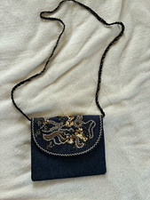 Blue Floral Beaded Embroidered Sequin Crossbody Bag w/ Braided Strap Snap