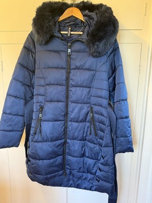 FLY LUXURY Blue Puffer Faux Fur Trim Hooded Longline Cut Coat Size XXL