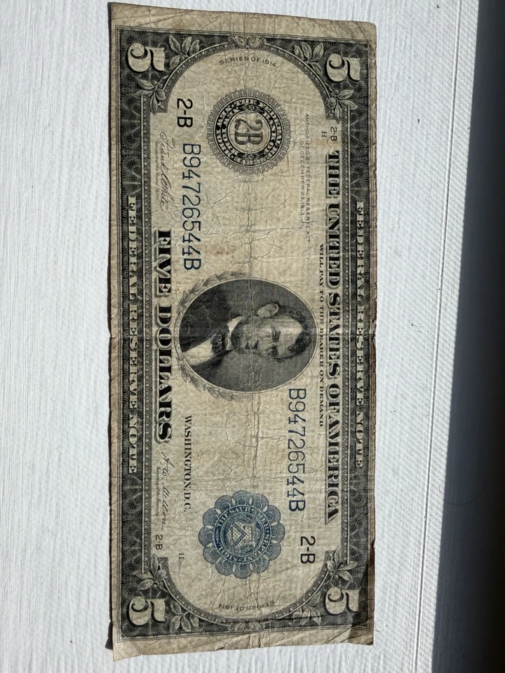 1914 $5 Federal Reserve Note Large 2B New York, NY Blue Seal Large Note - Image 2 of 4