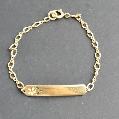 Gold Tone Anson Id Bracelet Engraved with Name Debbie and a Flower 5.5''