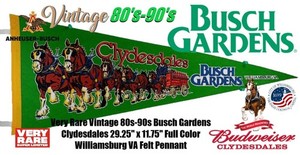 Rare Vintage Busch Gardens Clydesdales 29" Green Williamsburg VA Felt Pennant