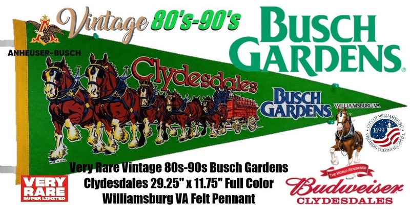Rare Vintage Busch Gardens Clydesdales 29" Green Williamsburg VA Felt Pennant