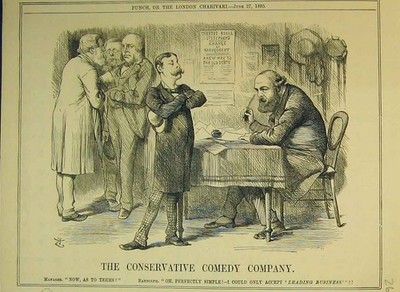 Original alter antiker Druck 1885 Konservative Comedy Company Randolph Männer Tisch