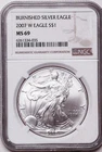 2007 W BURNISHED SILVER EAGLE MS69NGC. BROWN LABEL