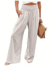 Women Linen Palazzo Pants Summer Boho Wide Leg High Waist Casual Small Apricot