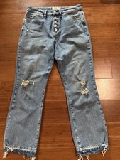 We The Free Free People Jeans Womens 29 Blue Distressed Raw Hem Cropped Button