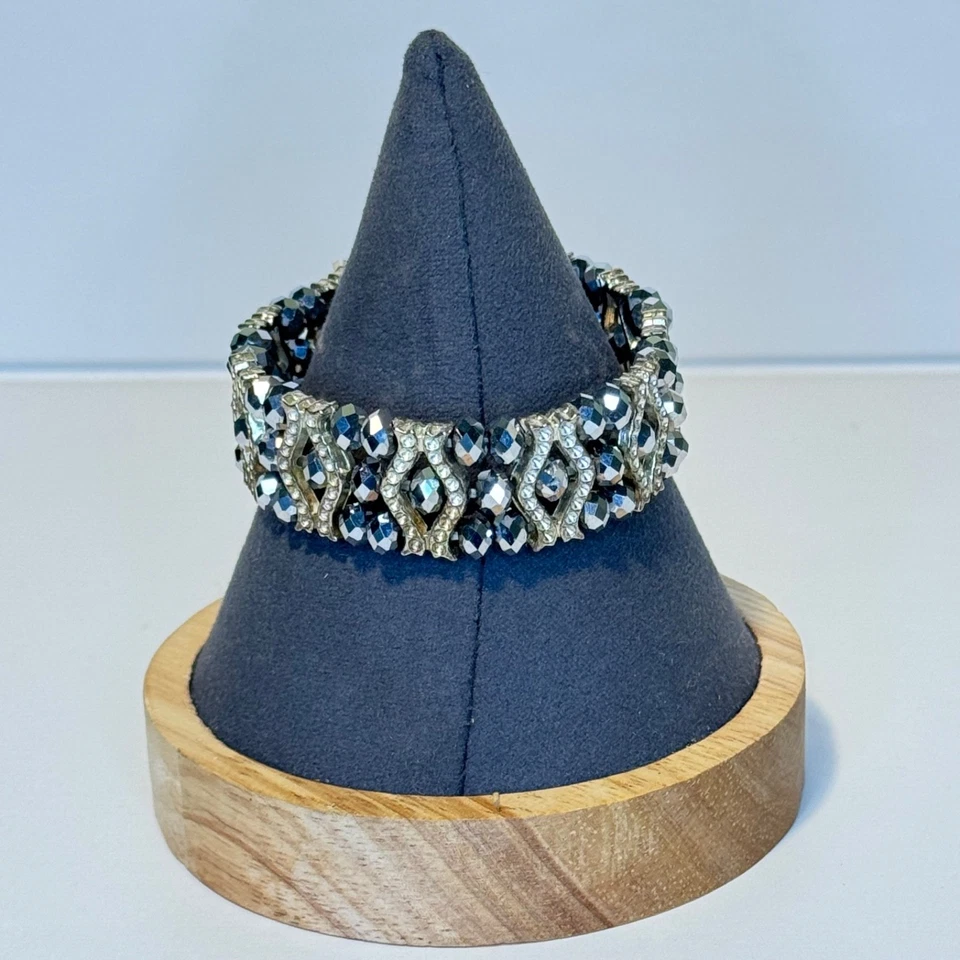 Faceted Silver Gray Crystal Stretch Bracelet Silver Tone - Image 2 of 4