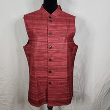 New w/tag FABINDIA Size Medium Handwoven 100 Silk Cotton Lined Red Nehru Vest