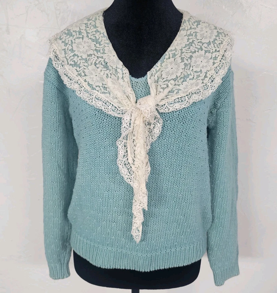 Suéter de punto azul Charter Club by Jane Justin de colección cuello de encaje para mujer talla M Foto 2 de 4