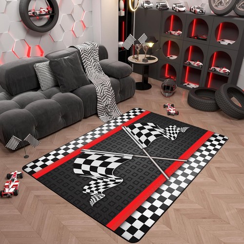 Race Car Themed Rug 5x6'6'',Black White Checkered Flag Print Decorative ...