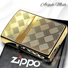Zippo Oil Lighter Argyle Mesh Gold Double Sided Regular Case Japan