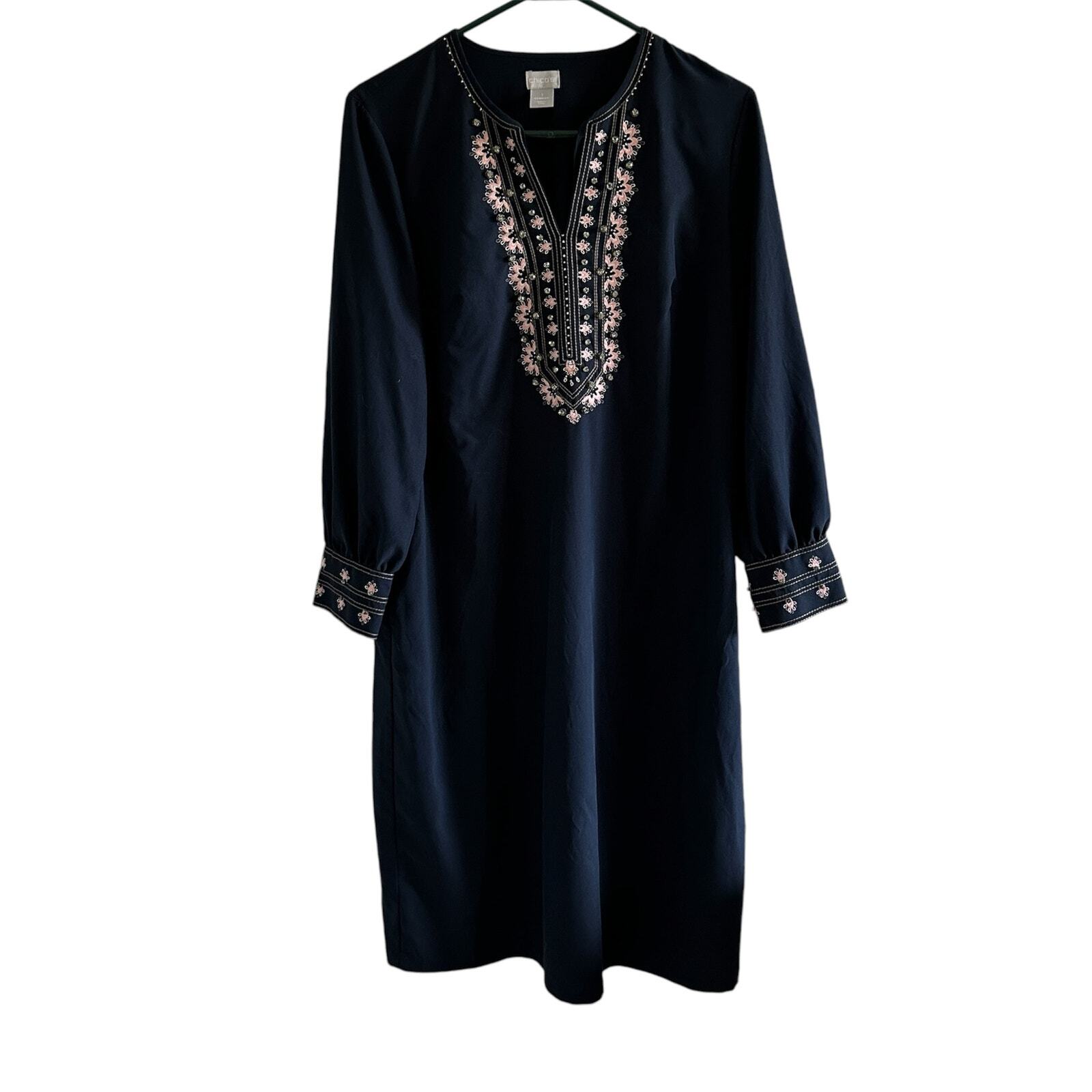 Chicos Dress Womens 1 Blue Pink Tunic Beaded Hippie Boho Peasant Coastal Resort