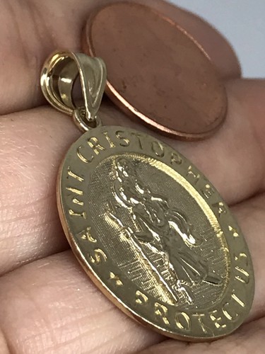 GOLd Saint san st CRISTOPHER christopher pendant 10k SOLID necklace solid 1.30" - Picture 11 of 12
