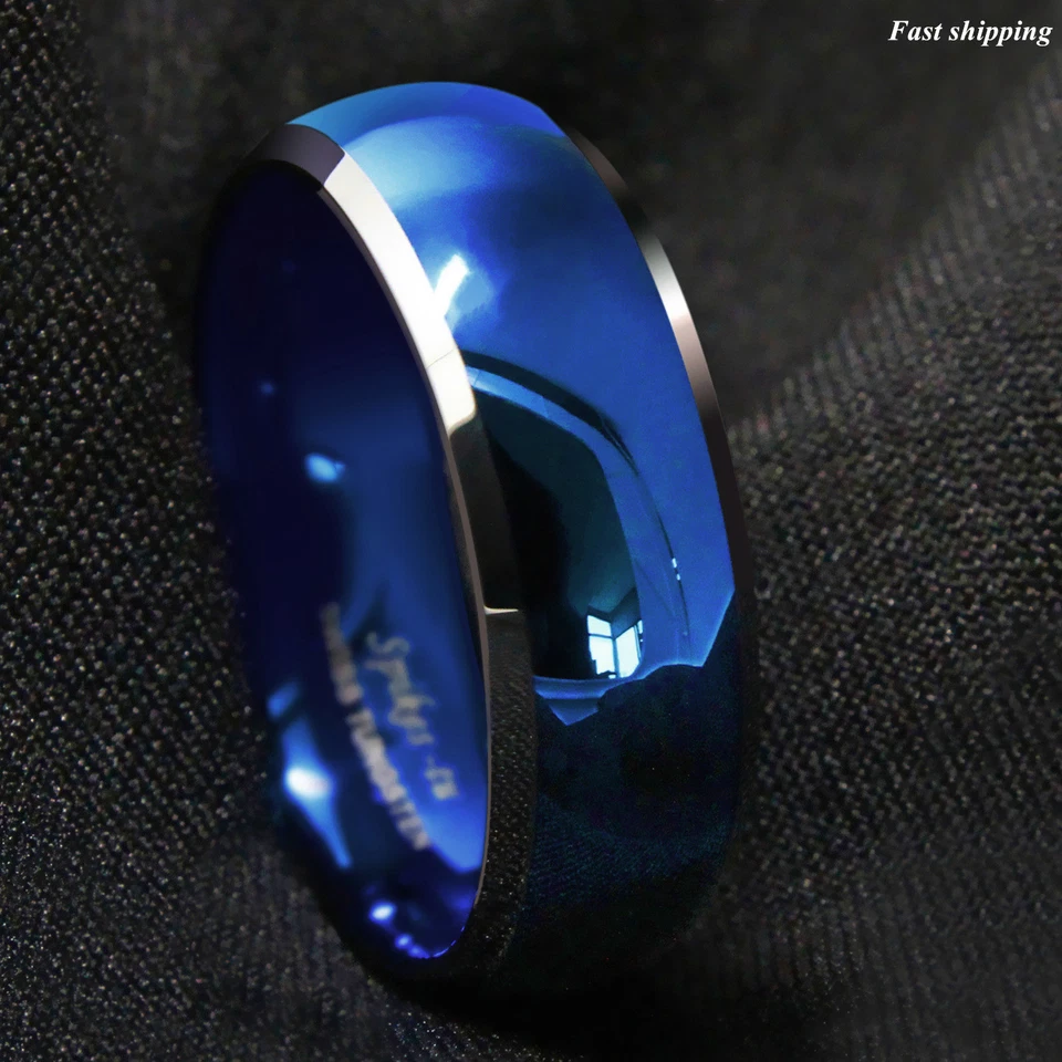 8mm Men's Tungsten Ring Blue Domed with Beveled Silver Edges Band ATOP Jewelry - Image 4 of 4
