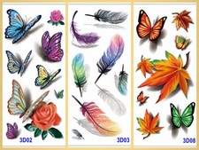 3D Butterfly Feather Thorny Rose Lotus Sunflower Flower Leaf Body Tattoos