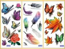 3D Butterfly Feather Thorny Rose Lotus Sunflower Flower Leaf Body Tattoos
