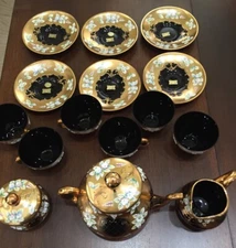 Czech Bohemia Glass Tea Set Black NEW ~ Tea Pot, Creamer, Sugar, 6 Cups/Saucers