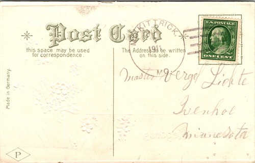 Kindest Regards Thatched Cottage Forget Me Nots Embossed Postcard 1911 - Picture 2 of 2