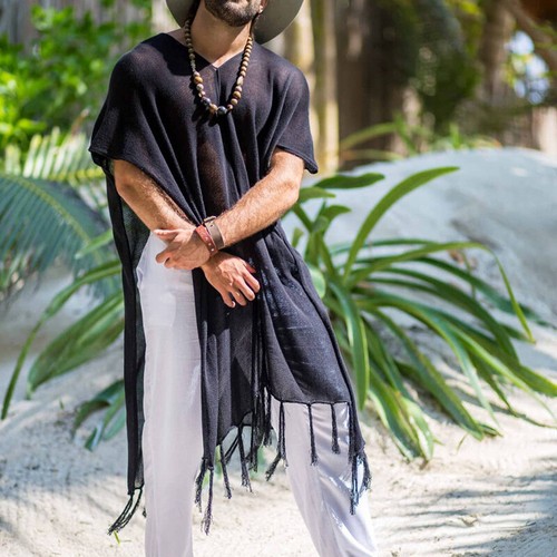 Men's Designed Fringe Edge Beach Coat Tops Pullover Cover-up Trench Coat Shirt - Picture 7 of 7