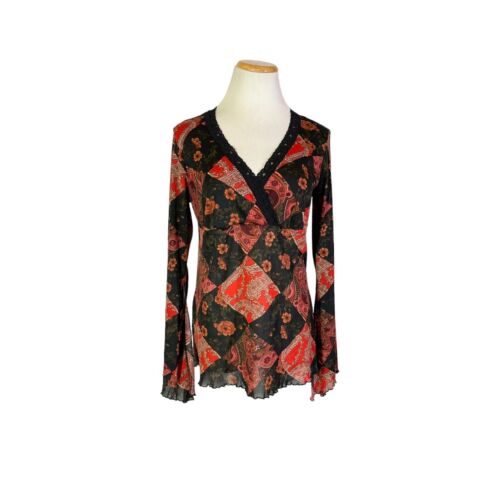 Y2K Moa Moa XL Sheer Mesh Top Flared Sleeves Dark Floral Paisley High Waist