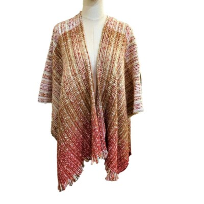 Simply Noelle Poncho Shawl Cape Sweater One Size OS Burnt Orange Cream BOHO 