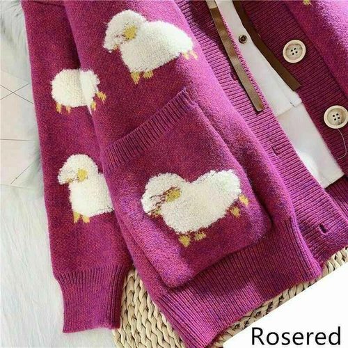 V Neck Coat Cartoon Knit Sheep Female Cute Loose Cardigan Autumn Women Sweater - Picture 7 of 18