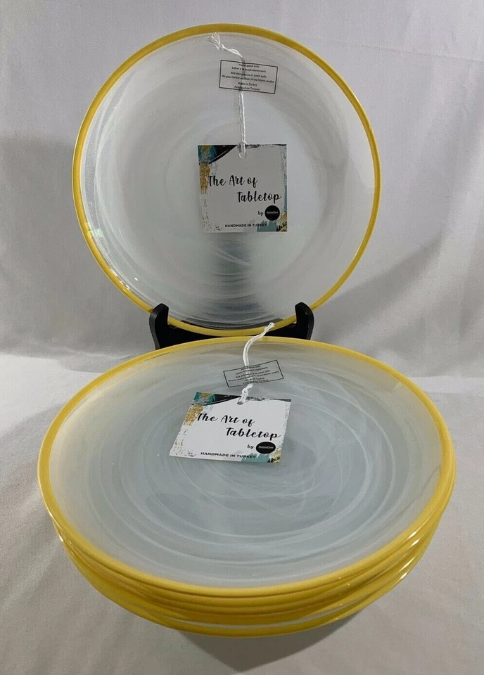 Set of 5 Turkish WHITE SWIRL GLASS SALAD PLATES w/Yellow Trim, 8 1/4" - NEW - Image 3 of 4