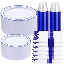 700 Pcs Blue Plastic Plates for 100 Guests - Plastic Dinnerware Set,Party Sup...