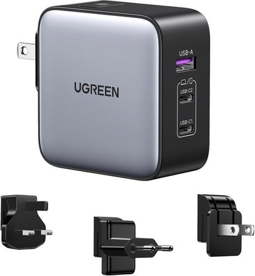 UGREEN 65W USB C Travel Adapter, Foladable Fast GaN Charger with US/UK/EU 3 Plug