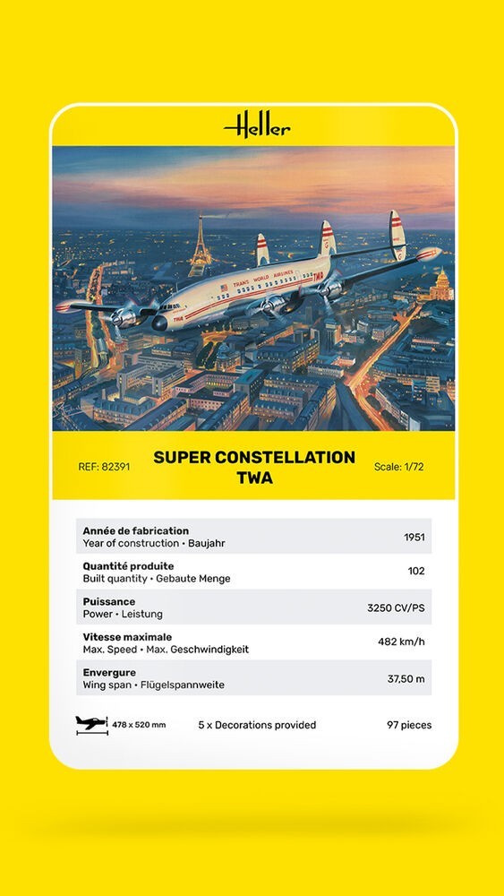 Super Constellation TWA 1/72 Heller 82391 avec des détails d'injection en plastique haute fidélité