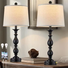 28" Tall Modern Table Lamps Set of 2 with USB C+A Ports and AC Outlet, 3 Way ...