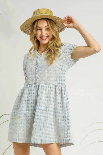 Umgee Minikleid mit Spitzenkragen und Puffärmeln zum Binden und Schlitz am Ausschnitt in Hellblau Multi - Bild 4 von 4