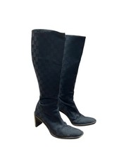 Gucci Vintage GG Monogram Knee High Boots Black Canvas Block Heel Size 37.5