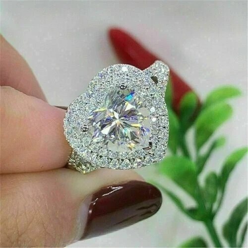 4Ct Heart Cut Created Diamonds Halo Women Engagement Ring 14K White Gold Plated - Picture 2 of 7
