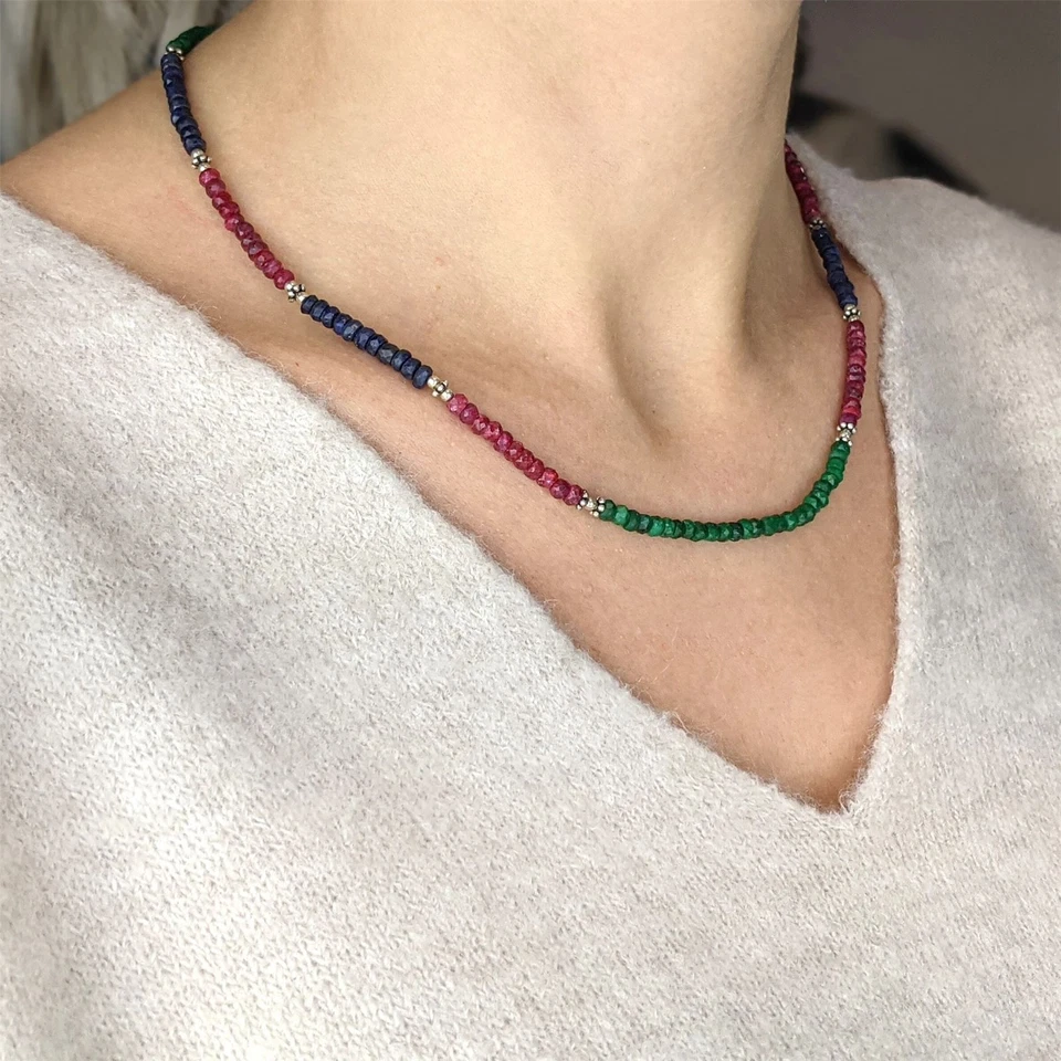 Silverly Collana In Argento 925 Pietra Preziosa Rubino Smeraldo Zaffiro 45-47cm - Immagine 4 di 4