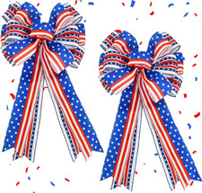 2 PCS Large 4Th of July American Flag Patriotic Bow, Red White Blue Stripe Star