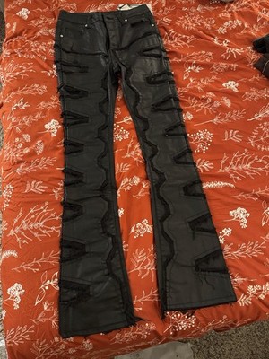 Fashion Brand Company Men's Black Zigzag Frayed Patchwork Straight Denim Jeans