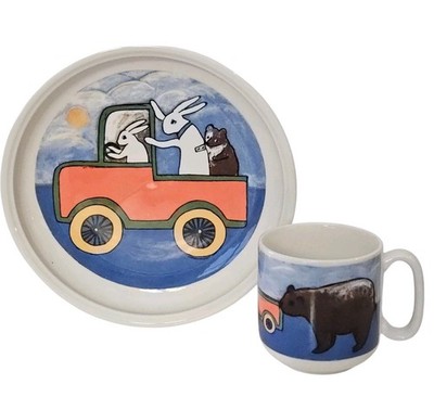 Arabia Finland Child Plate Mug Bunny Rabbit Bear Cub Heljä Liukko-Sundström 