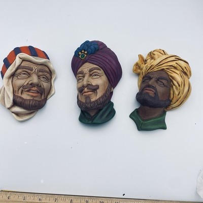 Set Of 3 Vintage Arab Sheik Heads Ceramic Studio Art Wall Hangings