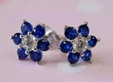2.50Ct Lab Created Sapphire Round Cut Flower Stud Earrings 14K White Gold Plated