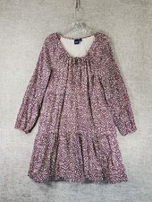 Gap Boho Tiered Cotton Gauze Dress Womens MT Tall Purple Cream Splotch Tie Neck