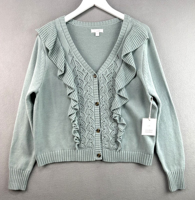 Lauren Conrad Sweater XXL Cardigan Blue Inez Ruffle Pointelle V-Neck Button