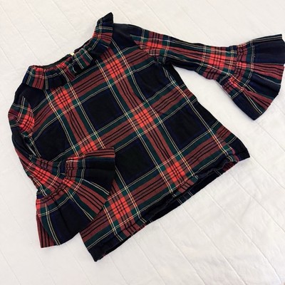 Elizabeth Wilson Tartan Plaid Ruffle Collar Bell Sleeve Katherine Top M Preppy