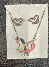 Wonder Nation Unicorn Necklace and Earring Set - Silver Pink Green Glitter