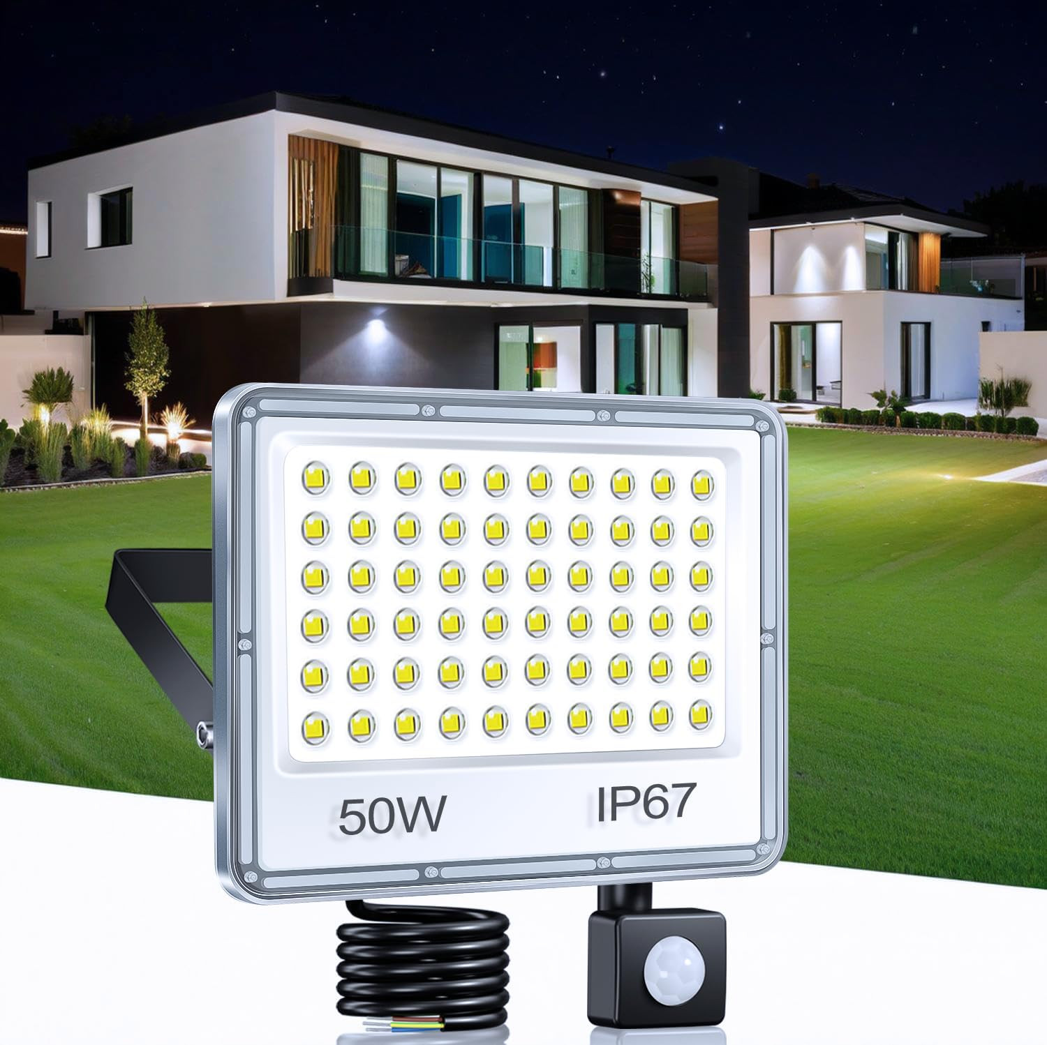 Faretto Con Sensore Di Movimento 50W, 5000LM 6500K Bianca Fredda Faro LED Estern