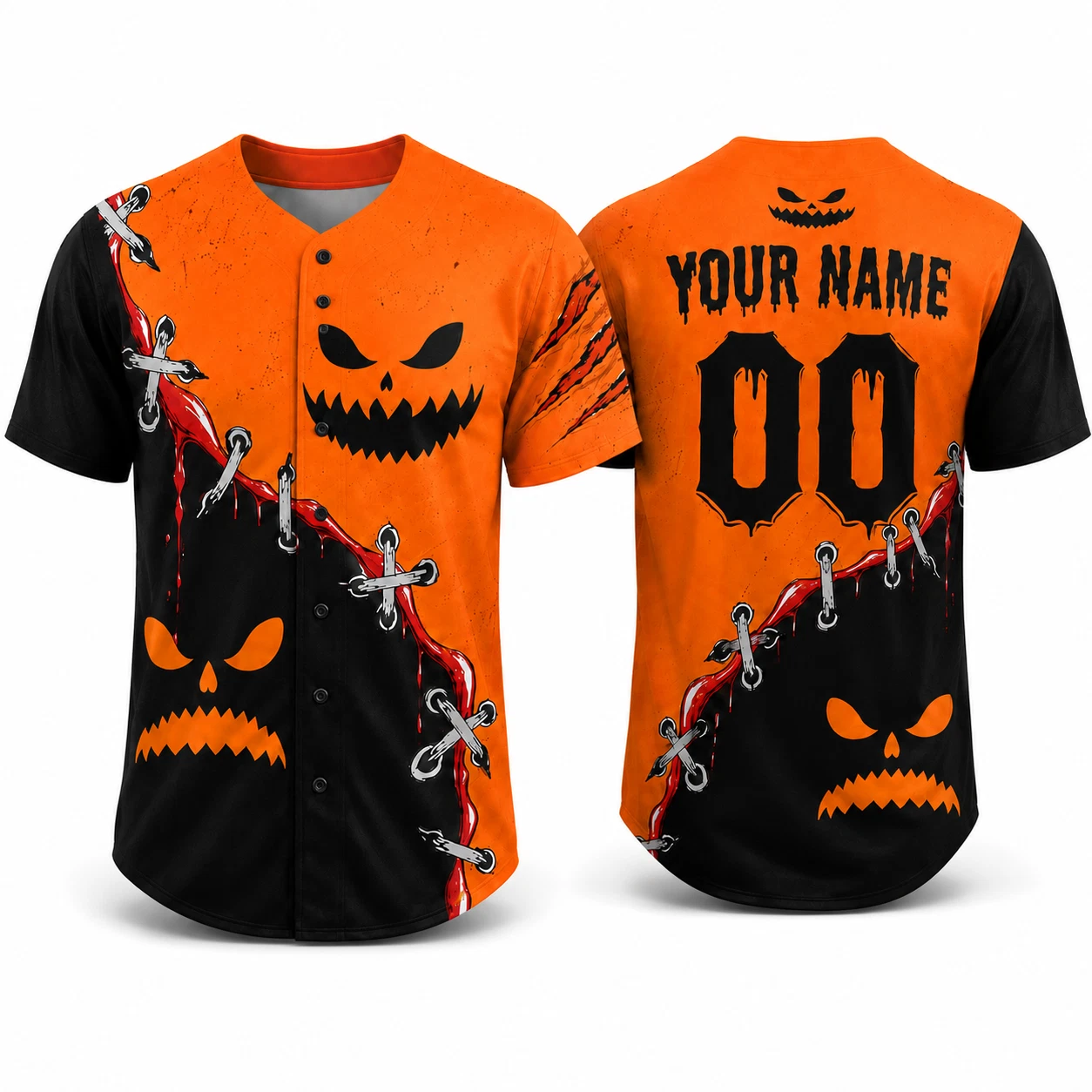 Halloween Bloody Stitched Baseball Jersey Evil Pumpkin Scary Spooky Season Shirt